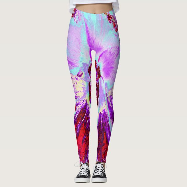 Legging Aqua tropical abstrato e flor de hibisco roxa (Frente)