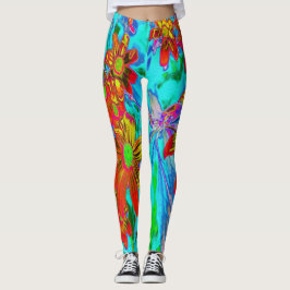 Legging Aqua Tropical com Flores Amarelas e Laranja