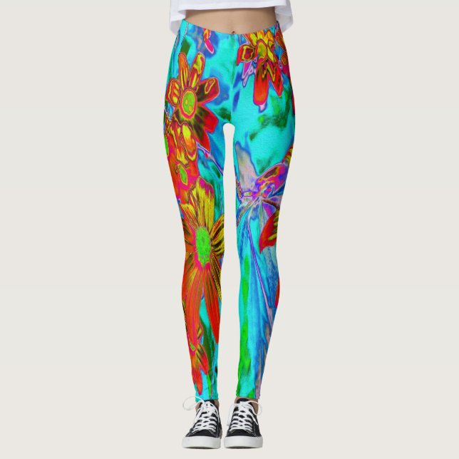 Legging Aqua Tropical com Flores Amarelas e Laranja (Frente)