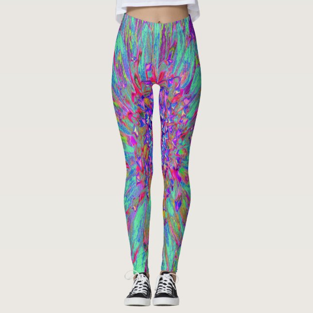 Legging Aquamarine Rainbow Color Abstrato Dahlia Flower (Frente)