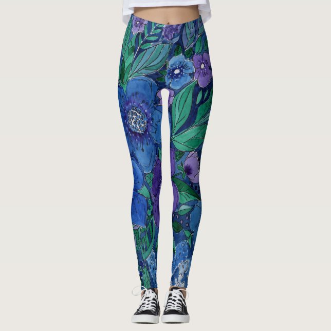 Legging aquarela, azul e púrpura, anêmonas (Frente)