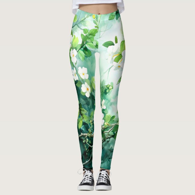 Legging Aquarela Botânica Flores Brancas Folhas Verdes (Frente)