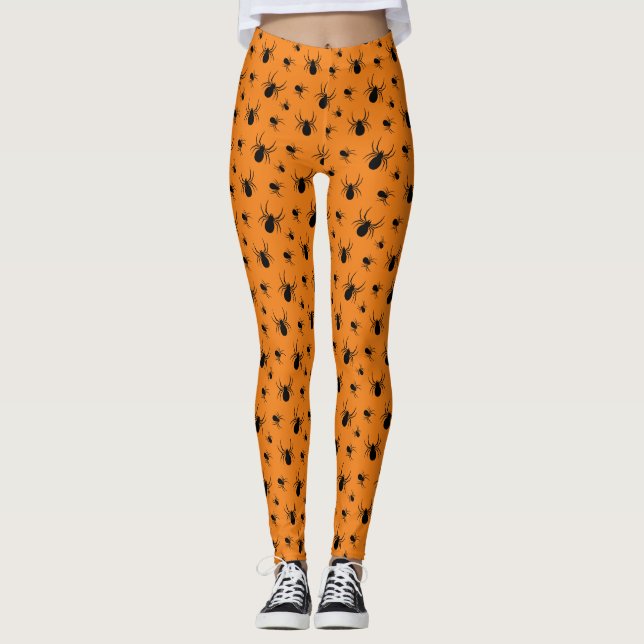 Legging Aranha padrão de Halloween Preto e Laranja (Frente)
