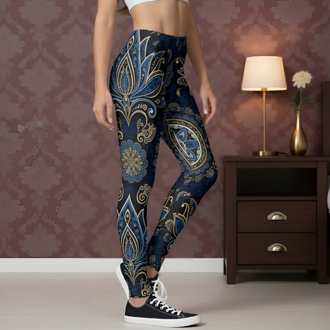 Legging Aria Grace Cobalt Lotus Paisley Design Ornamental (Pose 2.2 – Standing Elegance in Bedroom)