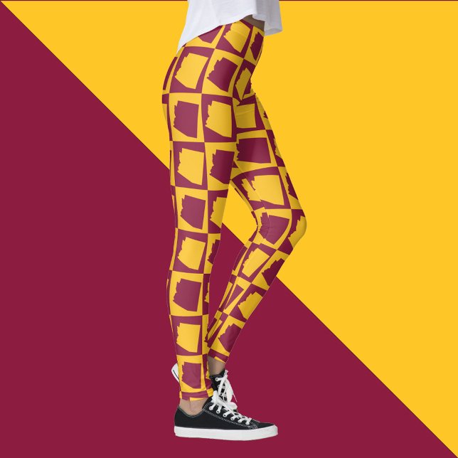 Legging Arizona Pop Art Geometric Maroon Gold Pattern (A pair of leggings with a maroon and gold pattern featuring the US state of Arizona.)
