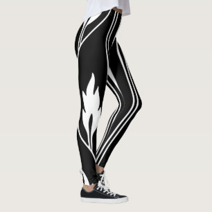 Legging Art Deco Black & White Vintage Floral Stripes