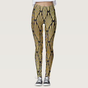 Legging Art Deco Palms: Preto Dourado.