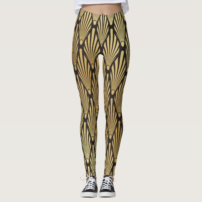 Legging Art Deco Palms: Preto Dourado. (Frente)