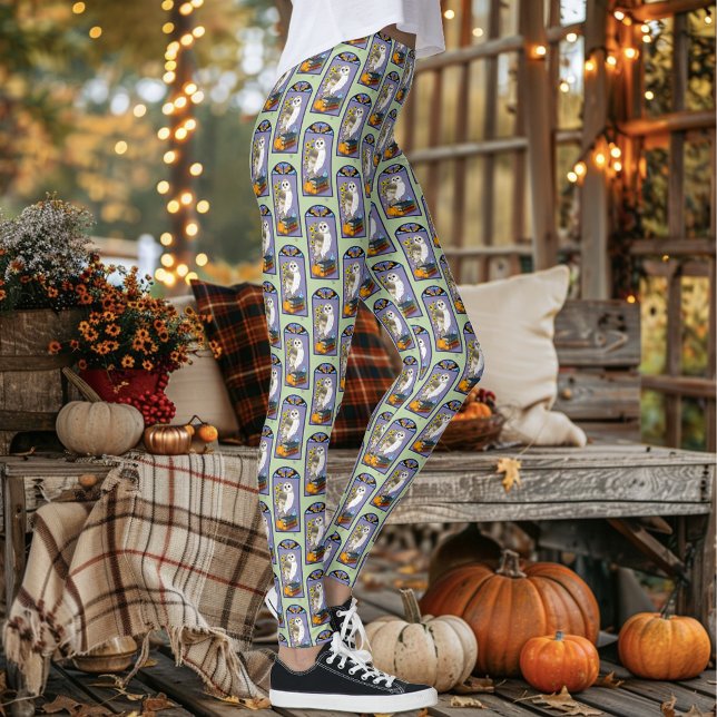 Legging Art Nouveau Barn Owl Pumpkins Livros (Criador carregado)