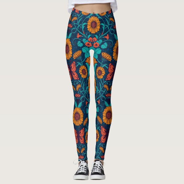 Legging Art Nouveau daisie em azul e amarelo (Frente)