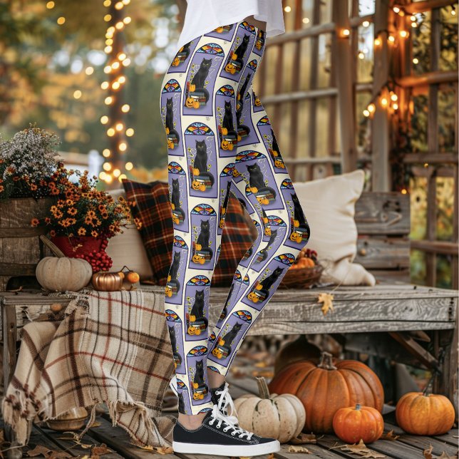 Legging Art Nouveau Gato Preto Abóbora Roxo Outono Amarelo (Criador carregado)