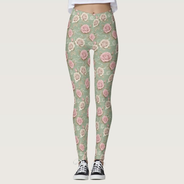 Legging Art Nouveau Inspired Roses In Shades Of Dusty Pink (Frente)