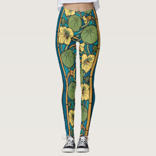 Legging Art Nouveau Nasturtium Azul Dourado floral Verneui