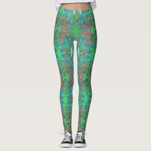 Legging Arte Abstrata Retro Groovy em Aqua, Laranja e Verd