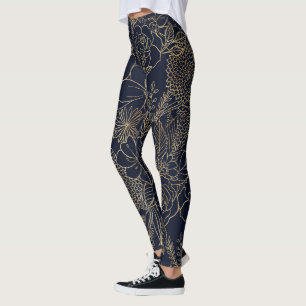 Legging Arte da linha de Doenças Florais Azuis Douradas Mo