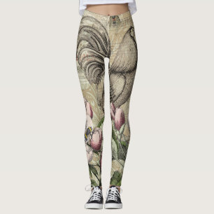 Legging Arte de Colagem de Jardim com Galo Vintage: País F