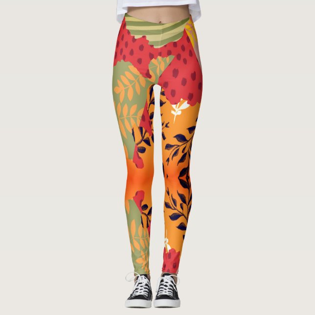 Legging Arte de colagem floral de abstrato multicores (Frente)