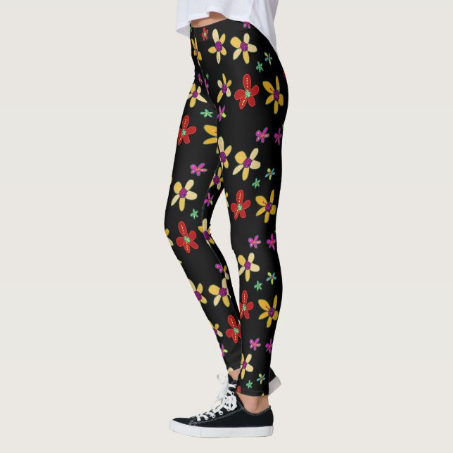 Legging Arte de Flor Desenhada à Mão em Preto (Esquerda)