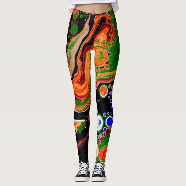 Legging Arte de Fluido Digital Laranja, Azul, Verde, Preto (Frente)