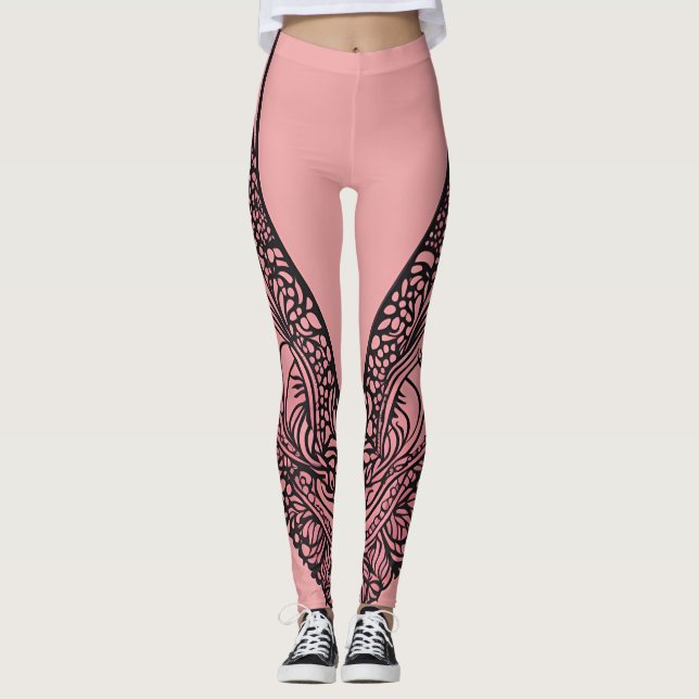 Legging Arte de IA de Asa de Borboleta Rosa Bege com Renda (Frente)