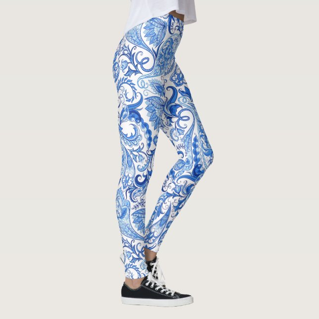 Legging Arte De Paisley Branco Branco Clara E Azul Escuro (Direita)