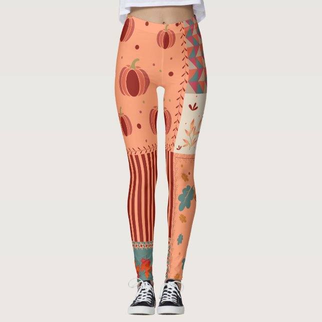 Legging Arte de Patchwork de Folha de Outono e Bolota (Frente)