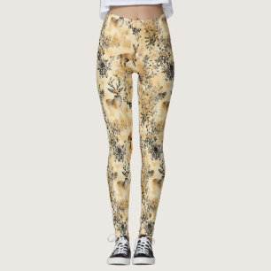 Legging Arte de Raposa Botânica Preta e Dourada de Luxo (5