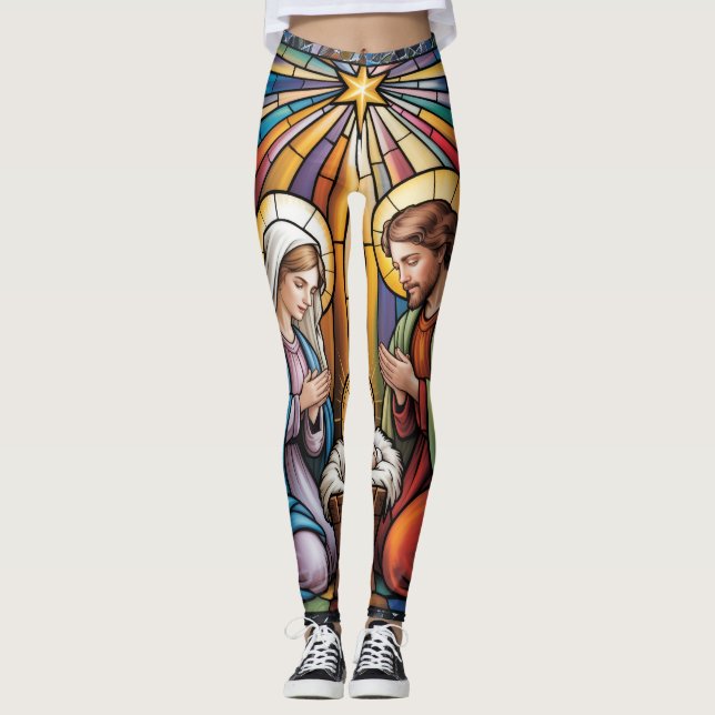 Legging Arte de Vitral da Natividade – Natal da Sagrada Fa (Frente)