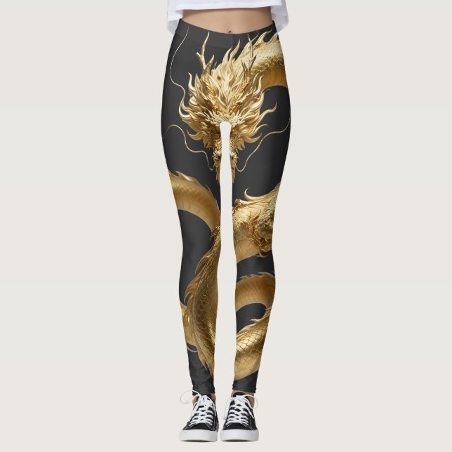 Legging Arte do Dragão Chinês Dourado | Fantasia de Criatu (Frente)