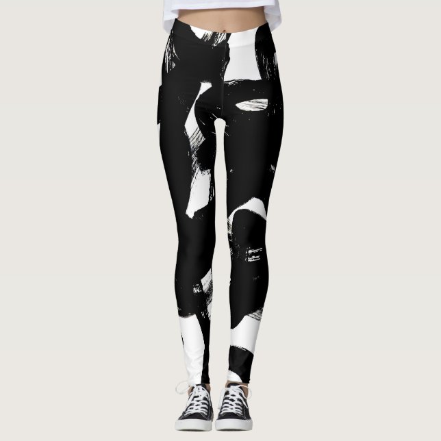 Legging Arte Dourada Luxuosa: Traço Preto Abstrato. (Frente)