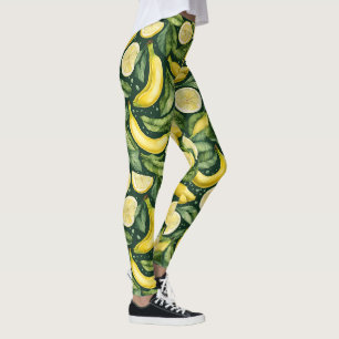 Legging Arte em Aquarela de Bananas Frescas e Fatias de Li