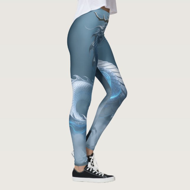 Legging Arte Fantasia Design Dragão Azul Branco Chinês Com (Direita)