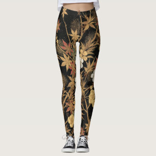 Legging Arte Floral Outonal em Preto Dourado Japonês Vinta