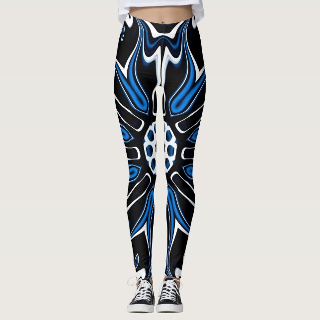 Legging Arte Flores Azul, Preta e Branca da Estônia (Frente)