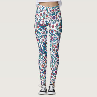 Legging Arte Folclórica Colorida Padrão Floral de Pássaros