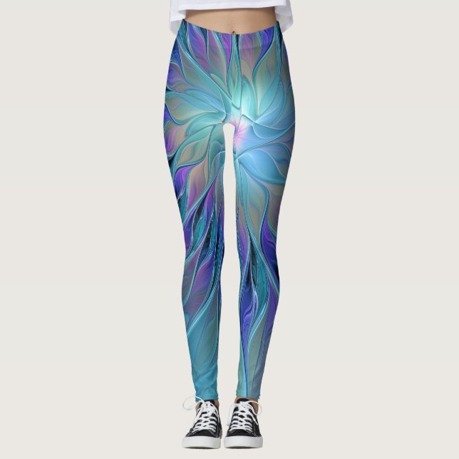 Legging Arte Fractal Abstrato de Sonho Roxo Azul (Frente)