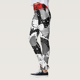 Legging Arte Geométrica Abstrato Vermelha e Branco Preto M