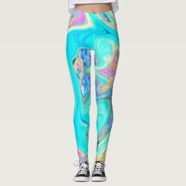 Legging Arte Líquida Azul Retro Aqua em Hortênsias Abstrat