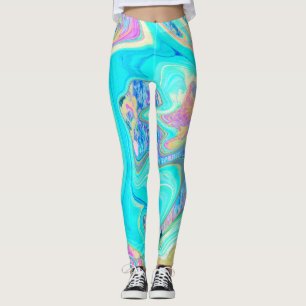 Legging Arte Líquida Azul Retro Aqua em Hortênsias Abstrat
