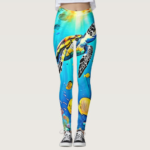 Legging Arte Vibrante de Recife de Tartaruga Marinha