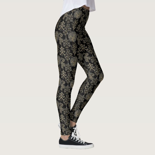 Legging Árvore de Arte Natal Dourado Preto (Direita)