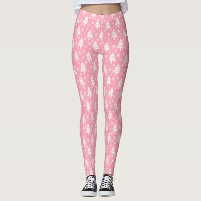 Legging Árvore de Natal Branco Floco de Neve Rosa (Frente)
