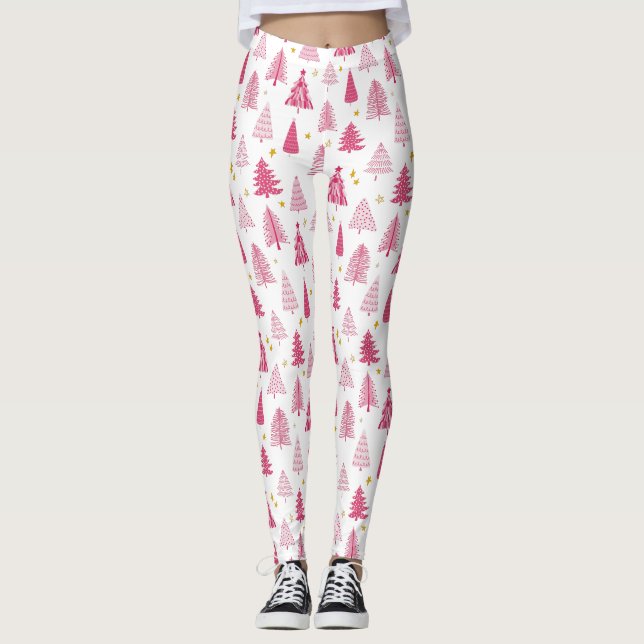 Legging Árvore de Natal de Natal Rosa (Frente)