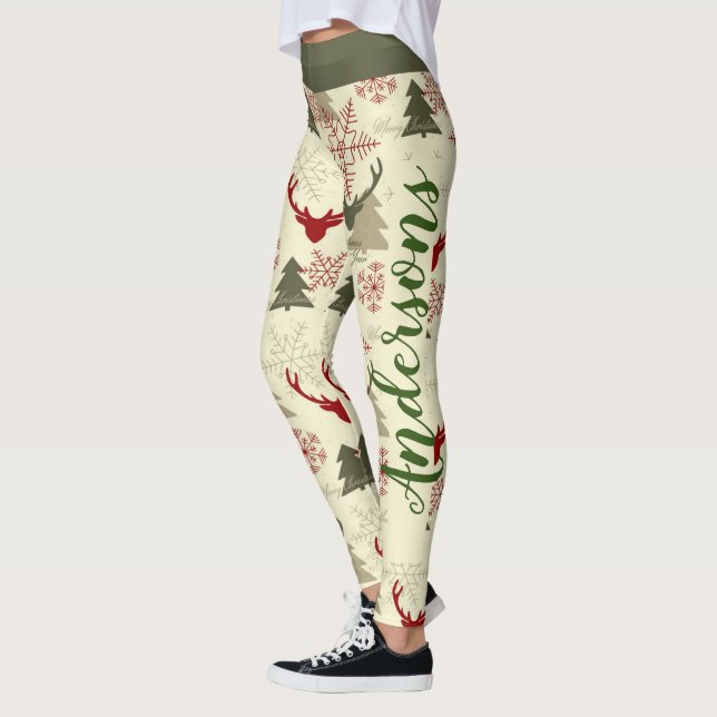 Legging Árvore de Natal Deer Green - Nome do Padrão Vermel (Esquerda)