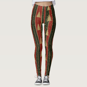 Legging Árvore de Natal Dourada Brilhante - Listras Vermel