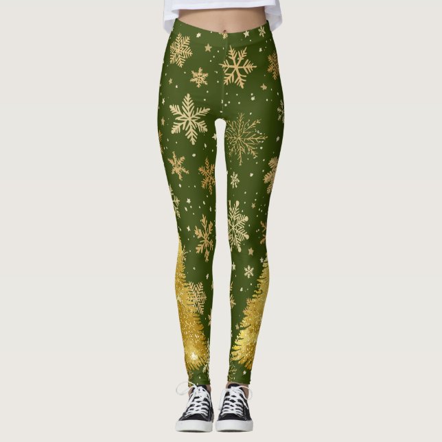 Legging Árvore de Natal Dourada e flocos de neve (Frente)