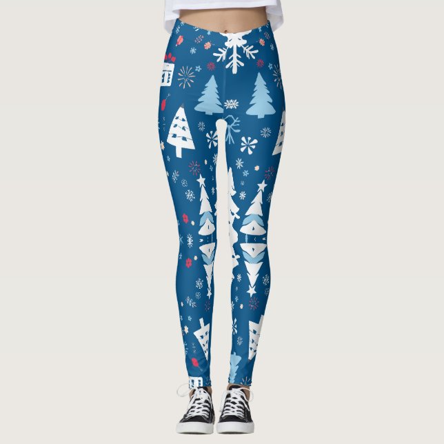 Legging Árvores de Natal Azuis e Brancas e Flocos de Neve (Frente)