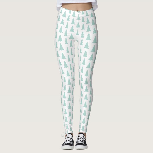 Legging Árvores Verdes Modernas em Padrão Geométrico Branc (Frente)