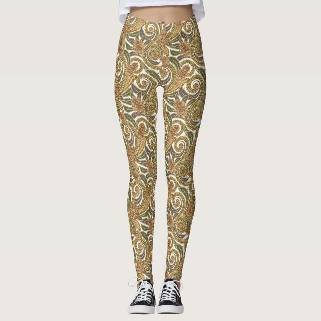 Legging As caneleiras Dourados das mulheres de Paisley (Frente)