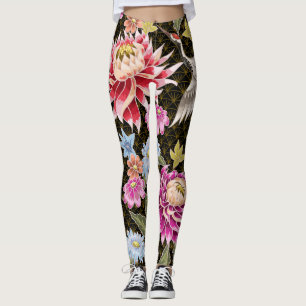 Legging Asters Cranes: Estilo Japonês Pintado Sem Costura